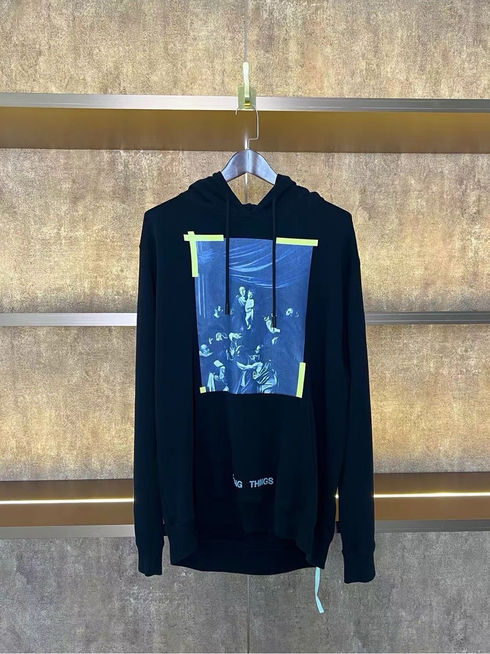 🚩steal Off-White Black Hoodie with Blue Graphic and Yellow Accents